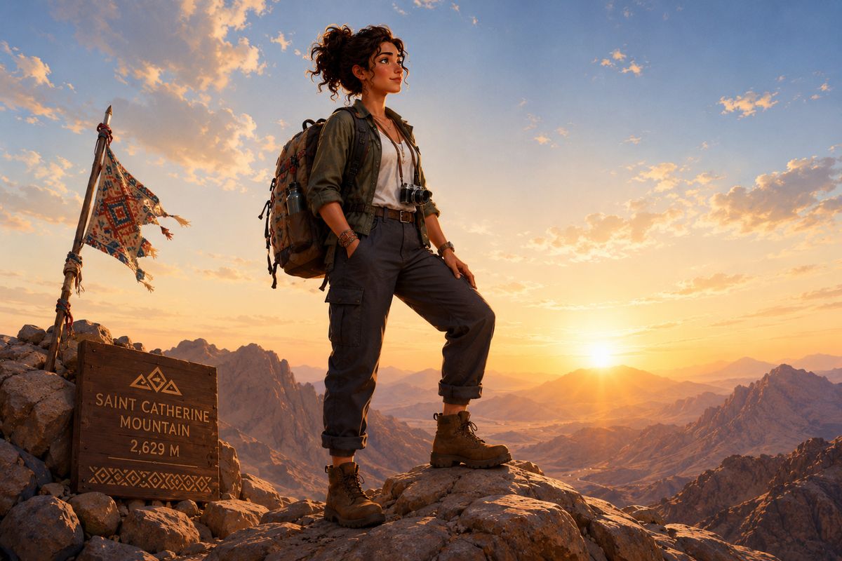 Rehla character overlooking Saint Catherine Mountain at sunrise